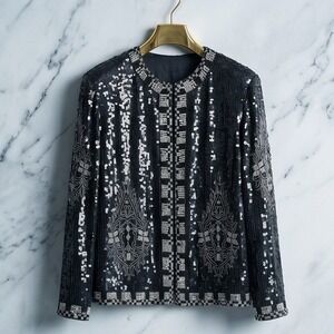 Megere Vintage M Silk Beaded Sequin Jacket Black Silver Paisley‎ Pattern Medium